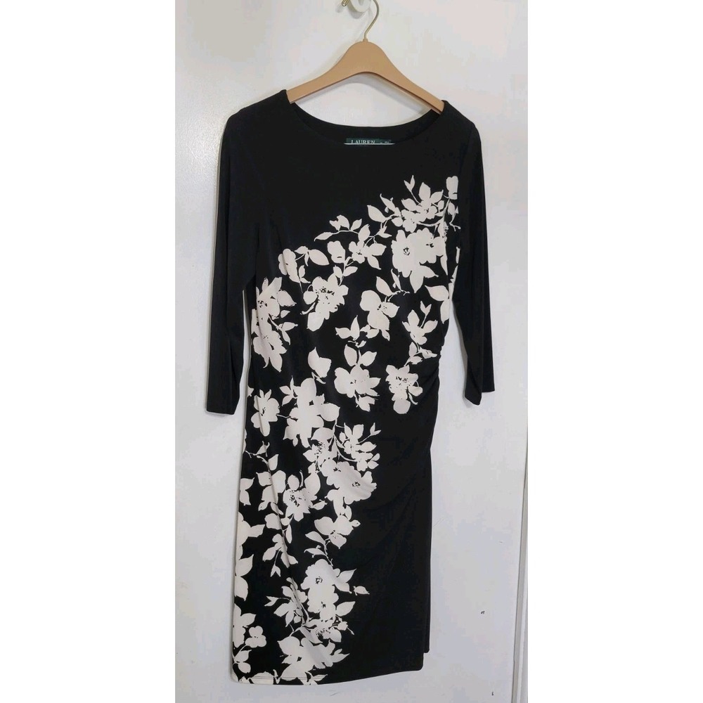 LAUREN RALPH LAUREN Round Neck Draped Dress Women Size 14 Black And White Floral